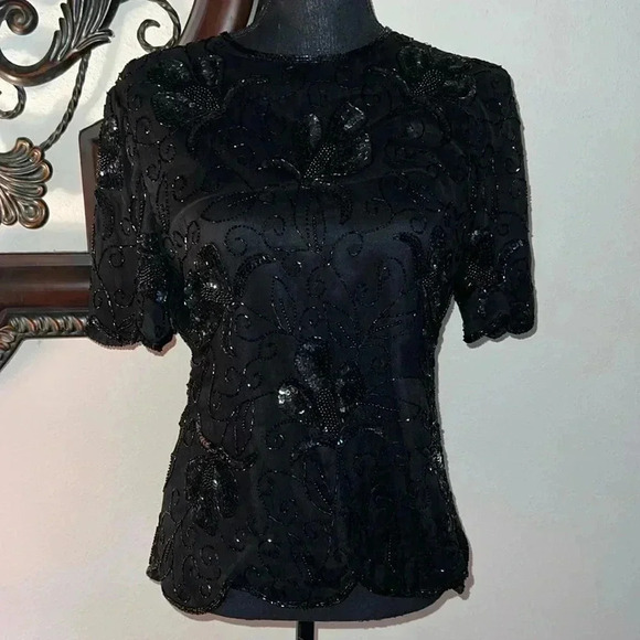 Stenay Women’s 100% Silk Black Beaded Sequin Vintage Scalloped Hem Size Medium - Picture 2 of 16